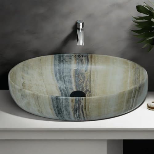 Image of Designer Counter Top Wash Basin | Tabletop Ceramic Bathroom Sink | Wash Basin Over Counter | Wash Basin For Bathroom, Living Room (24 x 15 x 6 Inch) (Glossy Beige N Black Strip)