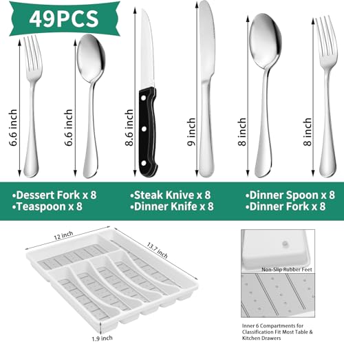 49PCS Silverware Set with Organizer, Stainless Steel Flatware Drawer Cutlery Set for 8, Kitchen Utensils with Steak Knives Mirror Polished Dinner Knife Forks Spoons Tableware Service Tray by JUNLIN - Image 2