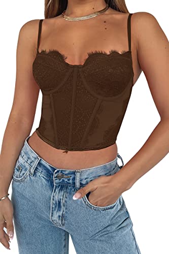 Dealmore Womens Corset Top Going Out Lace Spaghetti Strap Crop Y2K Mesh Date Night Party Bustier Cami 2026 Fashion Brown X-Large
