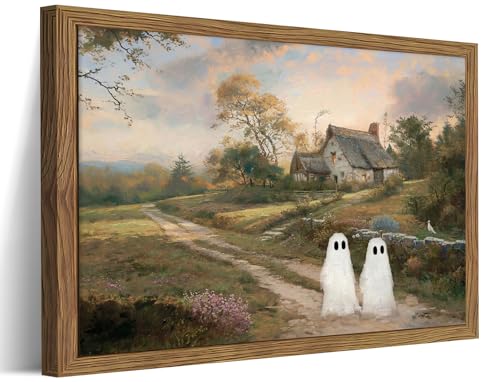Vintage Halloween Wall Art Framed, Cute Ghost Rustic Landscape Wall Decor, Cottagecore Halloween Canvas Painting, Autumn Country House Pictures for Living Room, 8x10 inch Wood Frame
