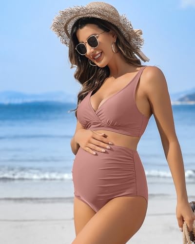 Charmo High Waisted Maternity Swimsuit Bikini Set V Neck Pregnancy Bathing Suits Push Up Two Piece Swimwear3