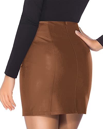 Image of MANGOPOP Women's Basic High Waist Faux Leather Bodycon Mini Pencil Skirt (A013 Brown, Medium)