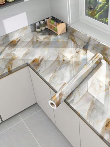 Image of TEKCOOL Wallpaper Waterproof&oilproof Kitchen Tiles Heat Resistant self Adhesive PVC Flooring Sheets Wall Stickers for Floor Kitchen,Wall,Bedroom, Living Room Wallpaper roll(60x200cm-4 pc)(Cream Gold)