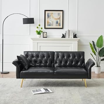 67.71 Convertible Sofa Bed,Futon Couch Sofa Bed w/Split Backrest and 2 Throw Pillows,Convertible Loveseat Sleeper w/Gold Metal Legs and Adjustment Armres for Living Room Bedroom Small Space Black