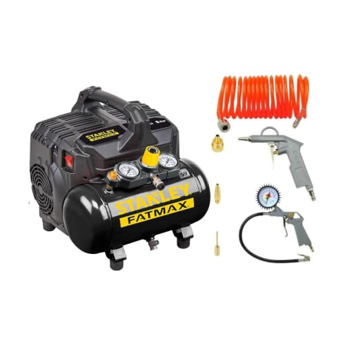 Stanley FATMAX Compresseur d'air 8 bar 6 l avec kit d'outils pneumatiques – Compresseur avec gonfleur de pneus, pistolet de soufflage et tuyau spiralé de 5 m – Sans huile