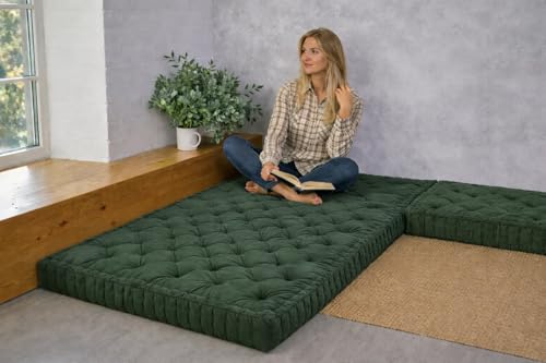 Image of ATOOTFUSION Soft Cotton Floor Box Mattress, 5-Inch Thick, Foldable, Movable, Medium Firm, Solid Colored (Mehndi, Queen Big 60X72X5 inches)