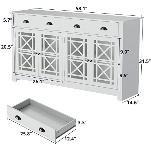 Cozy Castle Modern Buffet Cabinet With Drawers, Wood Sideboard Buffet Cabinet With 4 Acrylic Glass Doors, Bar Cabinet For Kitchen, Dining Room, White #TOP1