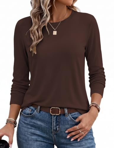 Ekouaer Long Sleeve Shirts for Women Crew Neck Tops Fall Clothes Brown L
