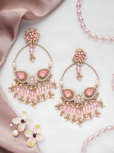 Image of SANJOYA by EVERSTYLISH Embroidered Earrings for Women | Hoop Earrings with Stones, Beads, Pearls & Glass Drops | Lightweight Ethnic & Festive Jewelry for Weddings & Parties