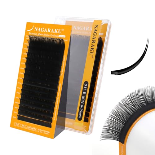 NAGARAKU Ellipse Plana Pestañas 5ª Generación Air Serie Puntas Dobles Ultra Ligeras Finas Natural Individual Puntas Divididas Pelo a Pelo Elípticas Flat Lash Negro Mate 16 Filas (0.15 B Curl 8-15mm）