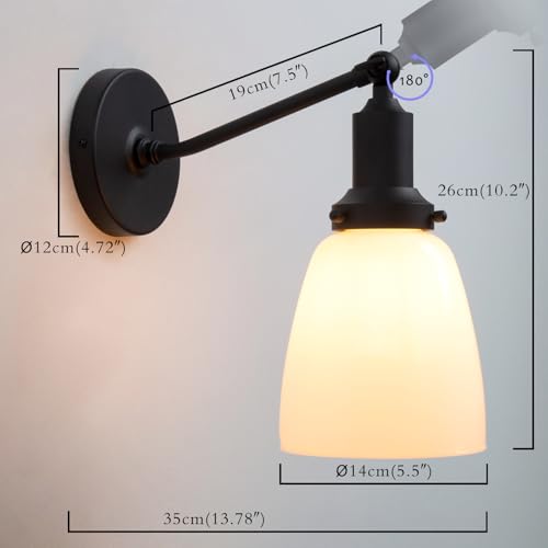 Image of PERMO Industrial Vintage Slope Pole Single Sconce with 5.5 inch Oval Dome White Glass Shade Black Wall Sconce Wall Mount Light Lamp Fixture