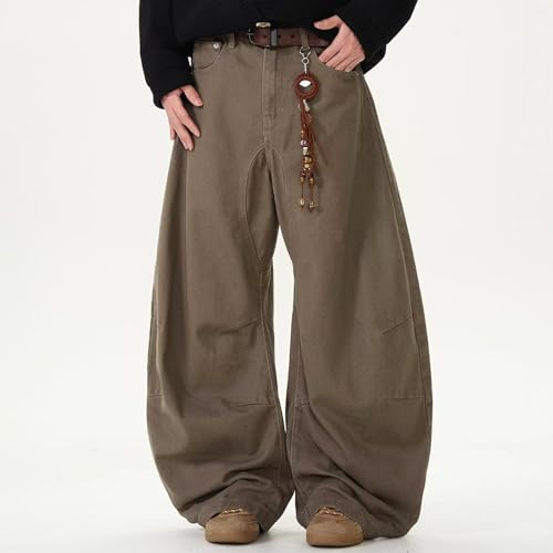 Barrel Jeans Men Brown Baggy Wide Leg Skater Denim Pants High Waist Streetwear Barrel Leg Bottoms Relaxed Loose with Pockets3