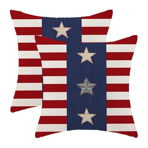 Jecuwo 4th of July Pillow Covers 16x16 Inch Set of 2, Patriotic Star and Stripe Decorative Throw Pillowcase Independence Day Style Outdoor Cushion Cover for Sofa Couch Living Room Bed Decor