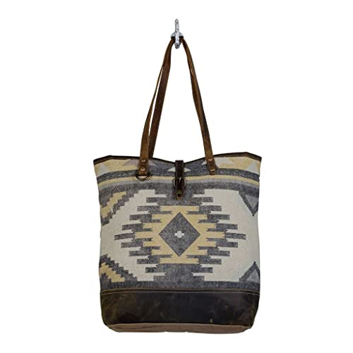 Myra Bag Yellow Patchy Tote Bag Upcycled Cotton & Leather S-28184