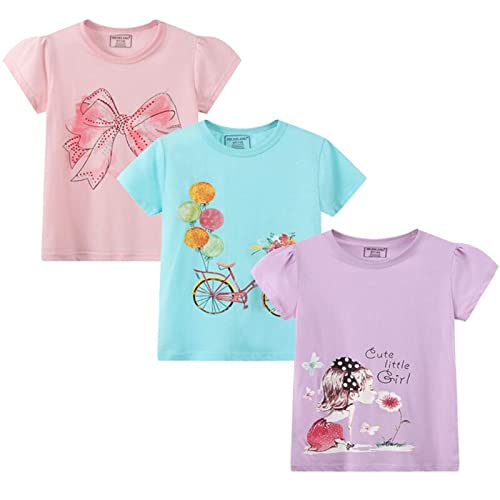 Image of Girls Graphic T Shirts 3 Pack 100% Cotton Short Sleeve Tees for Toddler Little Big Girls Cute Printed Casual Summer Tops