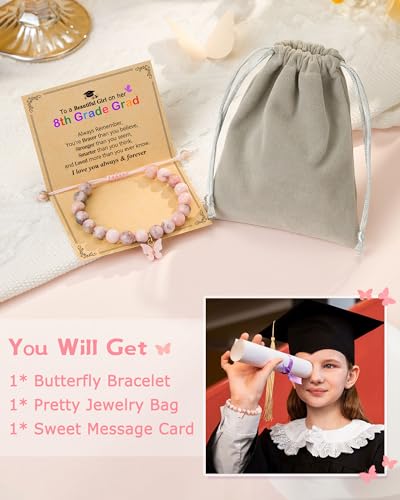 Image of 8th Grade Graduation Gifts for Girls Class of 2024 Middle School Congratulations Graduation Grad Graduate Bracelet Gift for Girl Daughter, 6inches, J-P Butterfly-8th Grade-03
