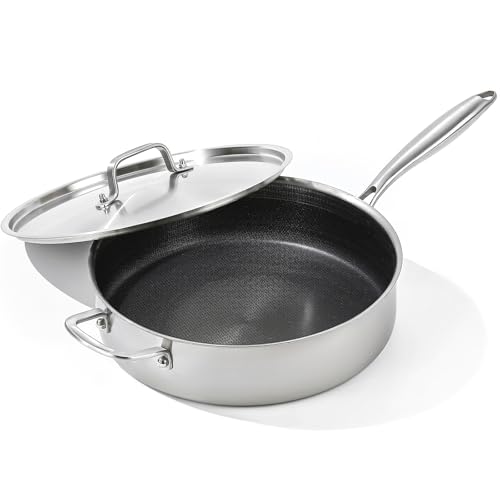 DELARLO 7 Quarts Saute Pan Tri-Ply Stainless Steel,Large Deep Frying Pan 12Inch with Lid, Jumbo Cooker Skillet With Lid,Heavy Duty Style Compatible With All Cooktops Up to 650?