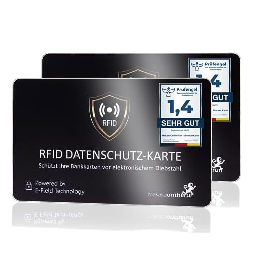 MakakaOnTheRun 2X RFID Blocker Karte (3fach geprüft: DEKRA + EMV + HF Labor) - 360° Schutzkarte für Geldbörse - NFC Blocker Karte - Schutzkarte gegen Datenklau - RFID Blocker Card