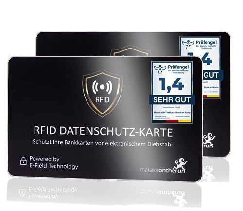 MakakaOnTheRun 2X RFID Blocker Karte (3fach geprüft: DEKRA + EMV + HF Labor) - 360° Schutzkarte für Geldbörse - NFC Blocker Karte - Schutzkarte gegen Datenklau - RFID Blocker Card