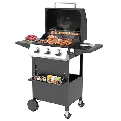 3 Burners Portable BBQ Gas Grill, 30000 BTU Small Camping Barbecue Propane Grills Outdoor Cooking, Built-in Thermometer Stainless Steel Barbeque Propane Grills for Patio/Backyard/Garden/Picnic