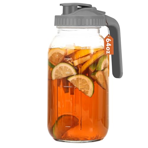 Image of Mihlapi Glass Pitcher with Lid, 64 OZ Mason Jar Pitcher Double Leak Proof, 2 Quart Breast Milk Storage Containers for Fridge, Wide Mouth Glass Jar for Sun Tea, Juice, Cold Brew Coffee