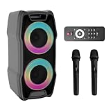 VeGue Karaoke Machine, Wireless Bluetooth PA System for Adults & Kids with Dual 8'' Subwoofers, 2 UHF Wireless Mics, Colorful LED Lights, Ideal for Home Karaoke, Party, Stage Performance (VS-0808)