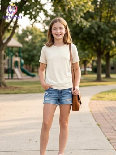 Image of WELAKEN Girls Soft T-Shirt with Curved Hem, Breathable Stretchy Rayon Crewneck Short Sleeve Tees, Kids Everyday Basic Top