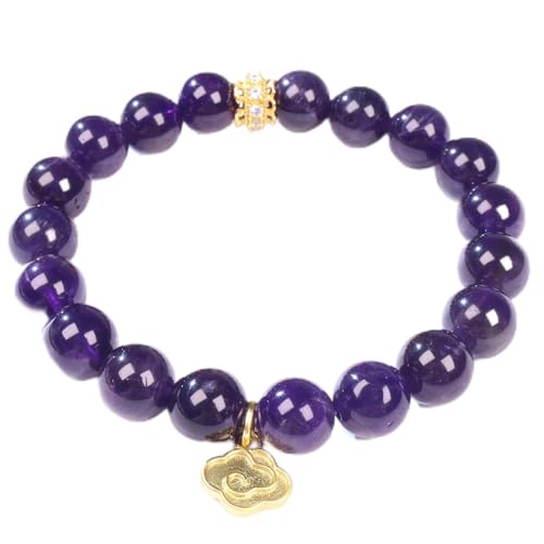 Natural Dark Amethyst Beaded Bracelet with Gold Cloud Charm for Women Men Purple Crystal Healing Jewelry Round Beaded