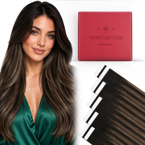 Moresoo Brown Balayage Seamless Tape Extensions Human Hair 16in 10Pcs 25g