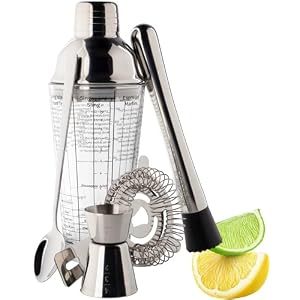 Taylor’s Eye Witness Taproom 3pcs Silver Stainless-Steel & Glass Recipe Cocktail Shaker Set – Includes 400ml (14fl oz) Metal Cobbler Shaker, 25ml/40ml Double Jigger & Muddler.