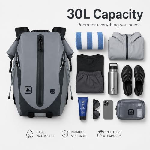 Mochila bolsa seca impermeable 30L, correas acolchonadas y correa de pecho con hebilla, gris miniatura 5