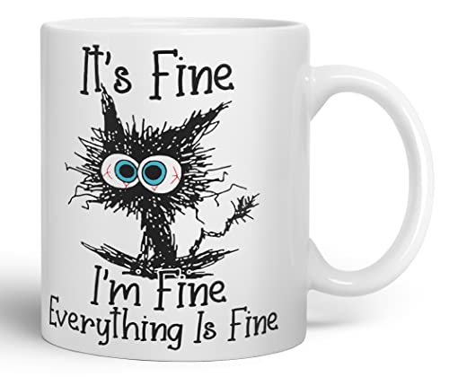Vixar Taza de colores con texto en inglés It's Fine I'm Fine Everything is Fine Cat Joke para regalo de cumpleaños, trabajo, oficina, Navidad, té, café (blanco)
