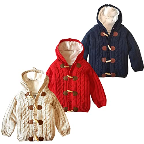 Miccina Baby Toddler Boys Girls Hooded Cable Knit Cardigan Sweater Cotton Warm Christmas Jacket Coat Outwear B-Beige #TOP7