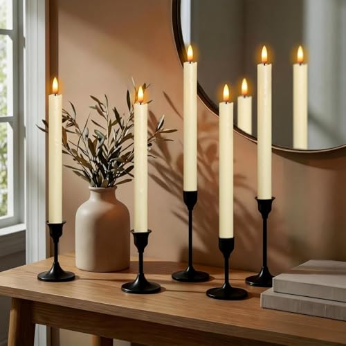 Image of Wondise Ivory Flameless Taper Candles with Timer, 6 Pack Battery Operated LED Flickering 3D Flame Real Wax Candle, Halloween Christmas Thanksgiving Fireplace Decorations
