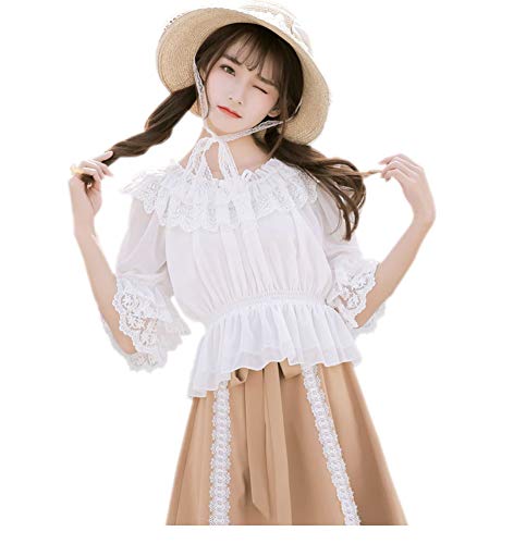 Smiling Angel Chiffon Ruffle Lace Sweet Half Sleeve Victorian Lolita White/Apricot/Black Blouse #TOP6