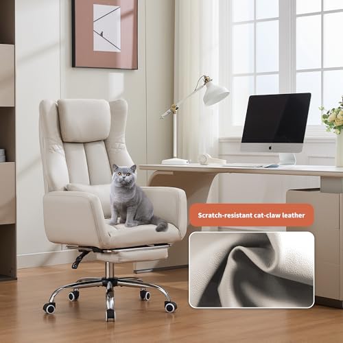 Criss Cross High Back Office Chair with Foot Rest, Ergonomic Cross Legged Desk Chair with Flip-up Armrest, Cozy Reclining 155&deg;Swivel Chair for Home Office, Computer and Entertainment (Beige)