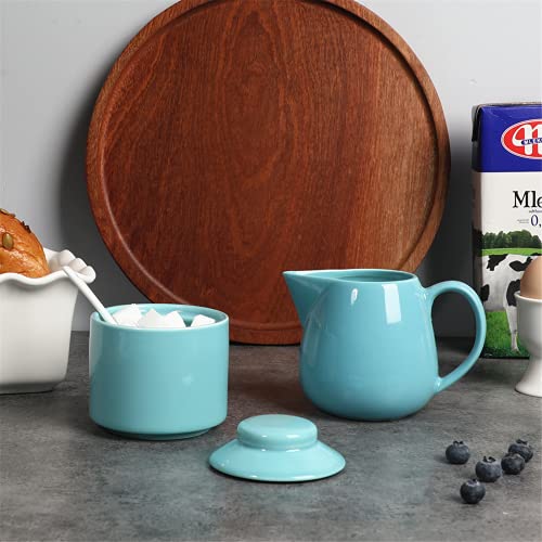 ONTUBE Porcelain Sugar and Creamer Set of 3,Cream Pitcher, Spoon, Sugar Bowl with Lid,Cream (Turquoise Blue) - Thumbnail 5