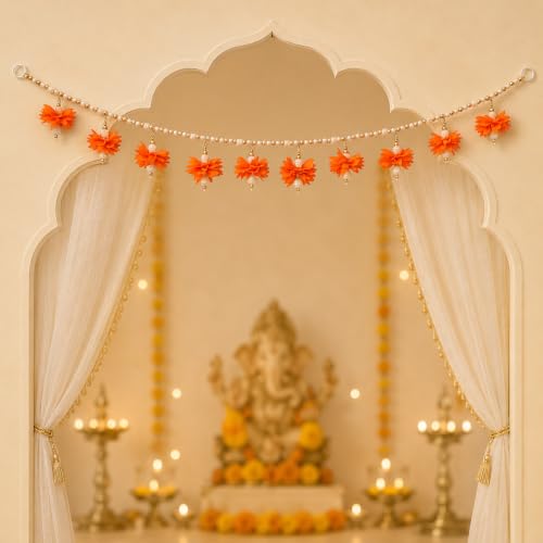 Image of Akaar Decor Artificial Marigold Door Hanging Toran | Diwali Decoration Items for Home Decor| Festive Decor| Office Decor| -(L:Approx. 2.5ft) (Beads BANDHANWAR Orange)
