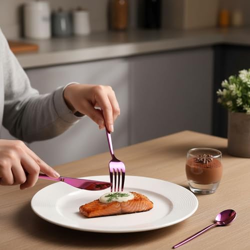 Image of 15 Pcs Pink Cutlery Set for Dining Table the Perfect Lightweight Silim Handle Tableware Including Dinner Spoon, Dinner Fork, Dinner Knife, Dessert Spoon & Dessert Fork