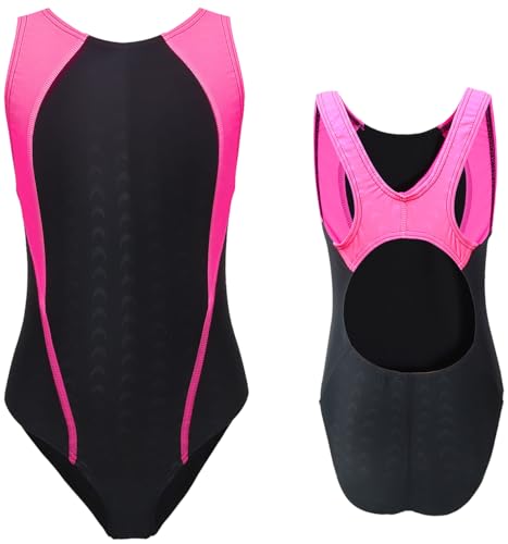 Image of Kids Girls Athletic Swimsuit One Piece Solid Swimwear for Practice and Competition in Black and Navy Bathing Suit