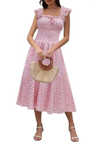 Image of Women's 2026 Spring Summer Floral Midi Dresses Square Neck Smocked Waist Beach Wedding Guest Long Flowy A Line Sundress