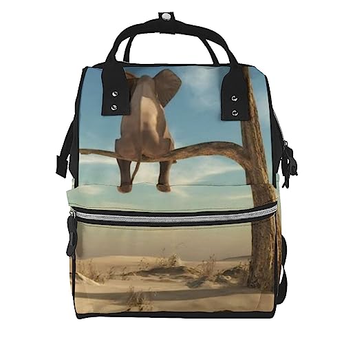 Sac à dos à langer imprimé éléphant noir de grande capacité pour voyage