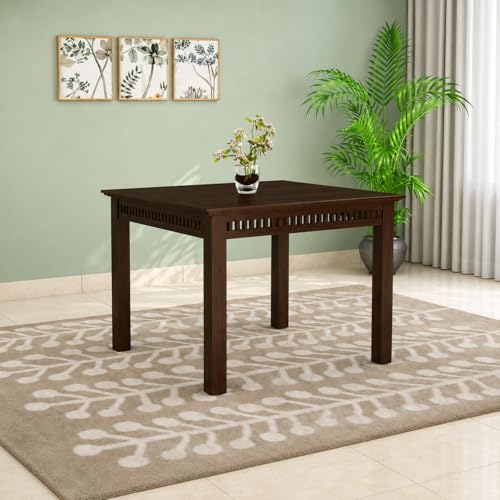 Image of Solid Wood 4 Seater Dining Table Set with Cushioned Chairs | Square Dining Table Set of 4 for Dining Room, Home, Kitchen, Office, Hotels & Restaurants | Walnut Finish