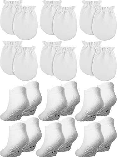 12 Pairs Newborn Baby Mittens No Scratch Glove Non-Slip Grip Socks(White)