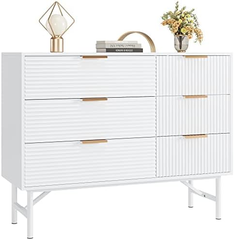 FACBOTALL White Dresser for Bedroom, 6 Drawer Double Dresser with Deep Drawers and Metal Handles, Wood Dressers with Firm Legs, Storage Chest of Drawers for Living Room