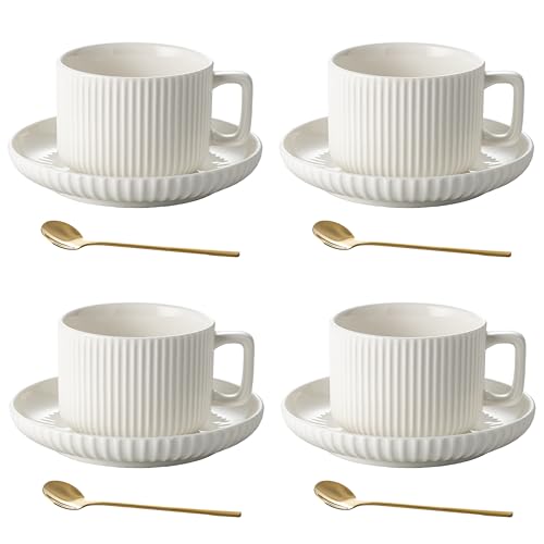 AYUCIA 8 Ounce Cappuccino Cups Set of 4, Latte Mugs with Saucers and Spoons, White Cream Ceramic Coffee Mugs Tea Cups for Cappuccino Latte Mocha Au Lait Macchiato Cafe