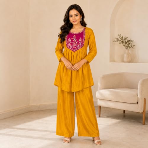 Image of Embroidered Sharara Set for Women | Roman Silk Short Kurta with Flared Sharara Pants | Designer Festive Ethnic Wear Suit Set for Weddings, Sangeet & Celebrations
