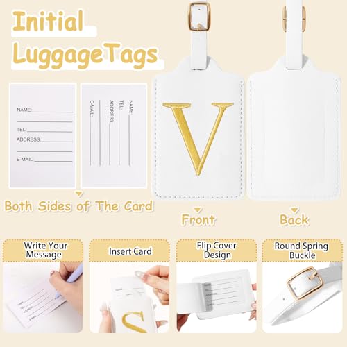Image of Unique Initial Letter Luggage Tags for Suitcases, Monogrammed Suitcase Luggage Identifier Tag,PU Leather TSA Approved Luggage Tags,Bag Tags for Men Women Kids Luggage Baggage(White V)