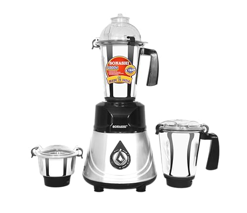 Sonashi 3-in-1 Mixer Grinder with 3 Stainless Steel Jars & Sharp Blades 1000W, Motor Overheat Protection, 3 Speeds + Pulse, Safety Lock, ABS Body, Liquidizing, Dry & Chutney Jars Included, SB-208