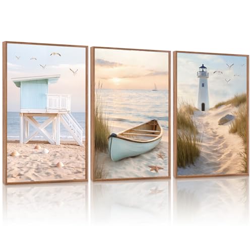 ANHUIB Coastal Ocean Wall Art Set of 3(16’’X24’’),Framed Pastel Canvas Prints with Lighthouse & Boat Paintings, Neutral Coastal Scenery Pictures for Living Room Bedroom, Large Beach Wall Art Framed by ANHUIB - Used condition - CA$77.68